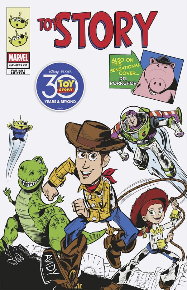 Cover image for AVENGERS #32 MARCO FORCELLONI PIXAR TOY STORY HOMAGE VARIANT