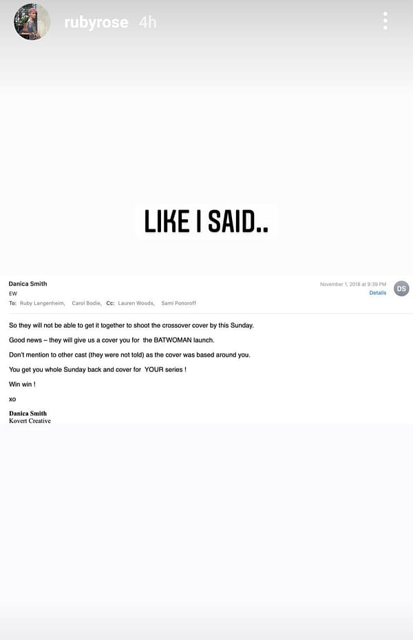 Batwoman: Ruby Rose Doubles Down on Claims; Posts Emails, Messages