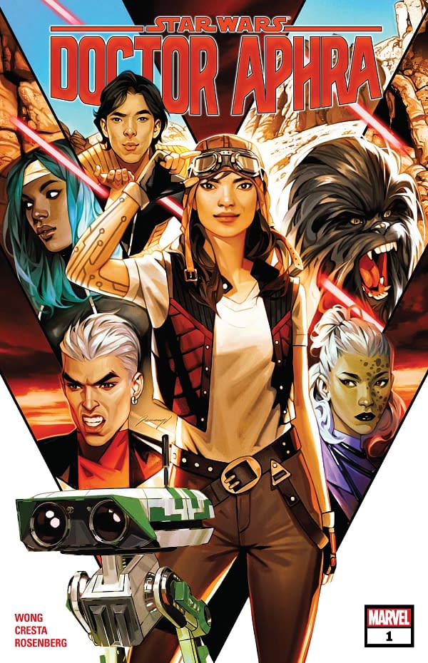 The cover of Star Wars: Doctor Aphra #1 published by Marvel Comics with a creative team of Alyssa Wong, Marika Cresta, Rachelle Rosenberg, and Joe Caramagna.