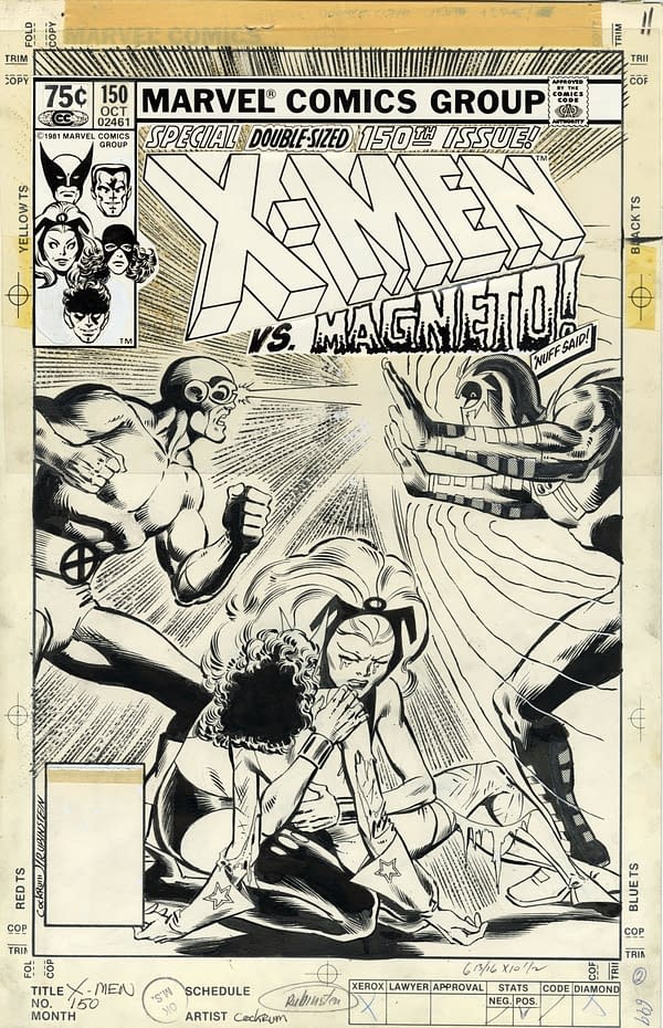 Original art for the cover of X-Men #150 by Dave Cockrum, with inks by Joe Rubinstein (Marvel, 1981).