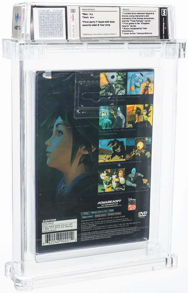 The back cover of the box for Kingdom Hearts, the Final Fantasy/Disney crossover game for the PS2, created by Squaresoft. Currently available on auction at Heritage Auctions' website.