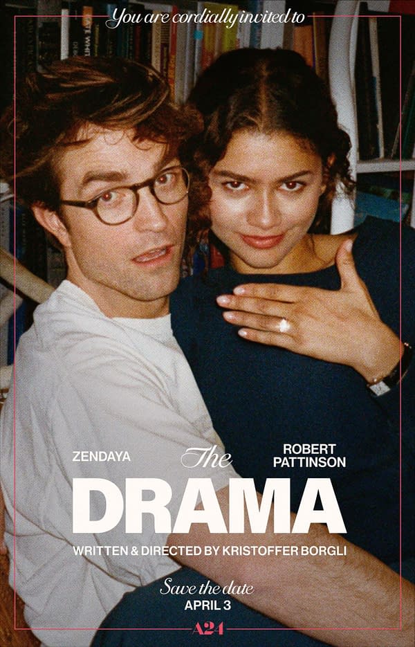 A promotional image featuring Zendaya and Robert Pattinson for the film 'The Drama,' written and directed by Kristoffer Borgli, with a playful, casual vibe. The design includes text inviting viewers to save the date for an April 3 release.