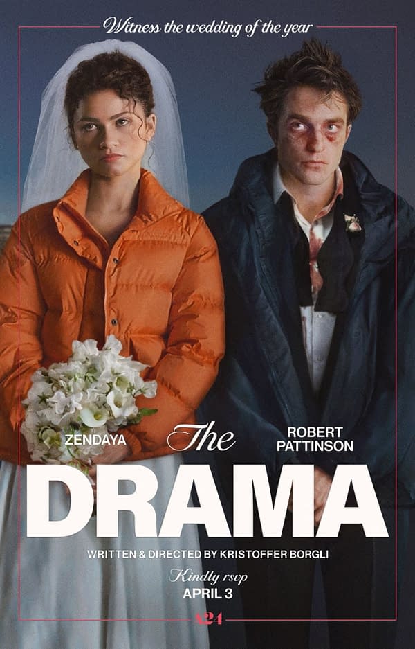 A promotional poster for a film titled 'The Drama' featuring Zendaya in an orange puffer jacket holding a bouquet, next to Robert Pattinson, who appears disheveled with visible injuries. The poster includes the text promoting a wedding theme and indicates the release date.