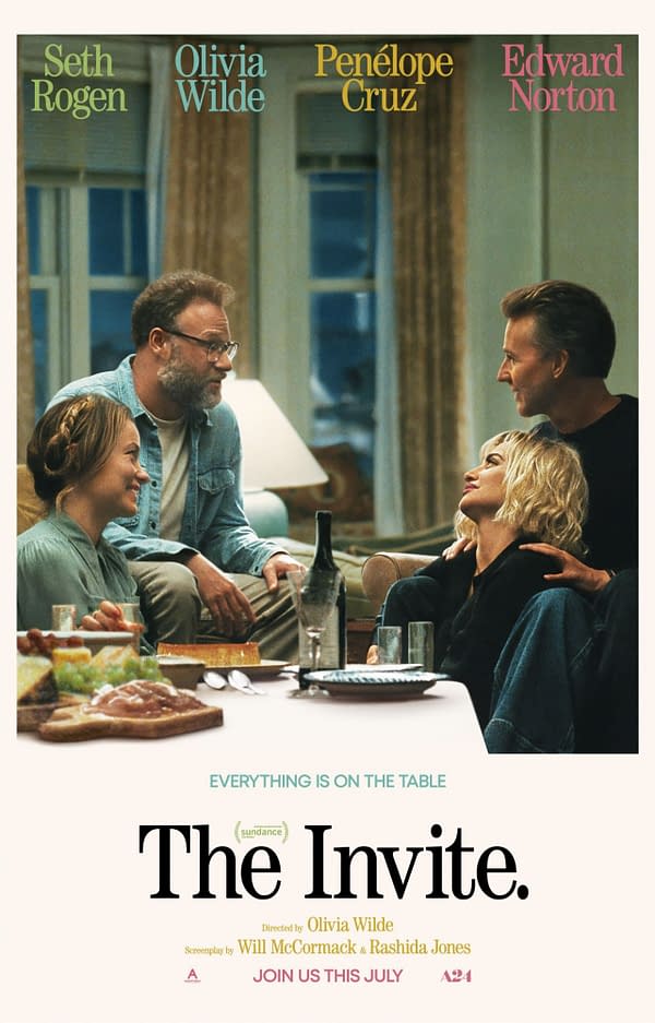 Poster for The Invite featuring Seth Rogen, Olivia Wilde, Penélope Cruz, and Edward Norton gathered around a dinner table at a tense dinner party.