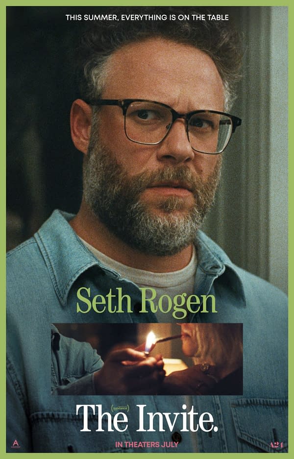 Movie poster for The Invite featuring Seth Rogen in glasses and a denim shirt, with a small inset scene of a lit match near a person's face.