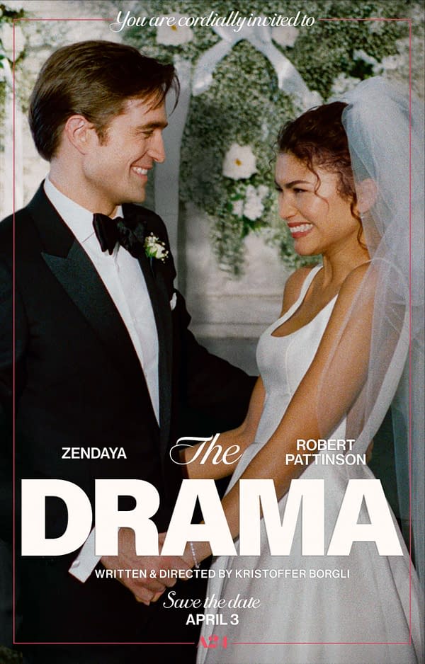 A promotional poster for 'The Drama,' featuring Zendaya and Robert Pattinson in formal attire, smiling at each other amidst floral decorations. The poster invites viewers to save the date for April 3 and includes the text 'Written & Directed by Kristoffer Borgli.'
