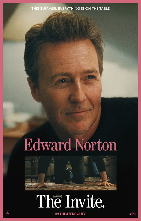 Movie poster for The Invite featuring a close-up of Edward Norton above the title, with the tagline