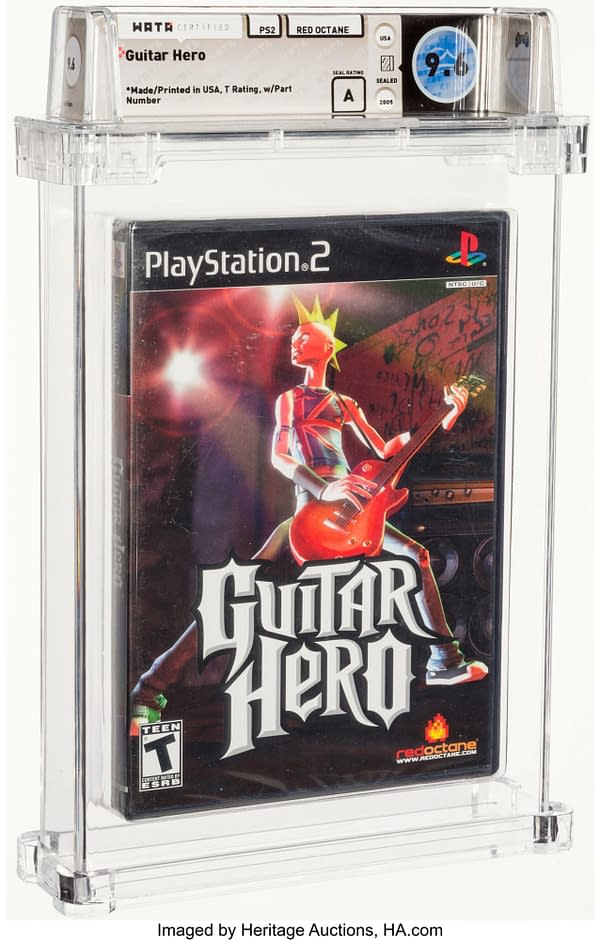 The front face of the graded, sealed box for Guitar Hero for the Sony PlayStation 2 console. Currently available at auction on Heritage Auctions' website.