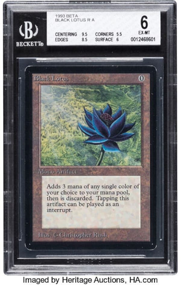 The front face of this rare, graded Beta Black Lotus from Magic: The Gathering. Currently available at auction on Heritage Auctions' website.