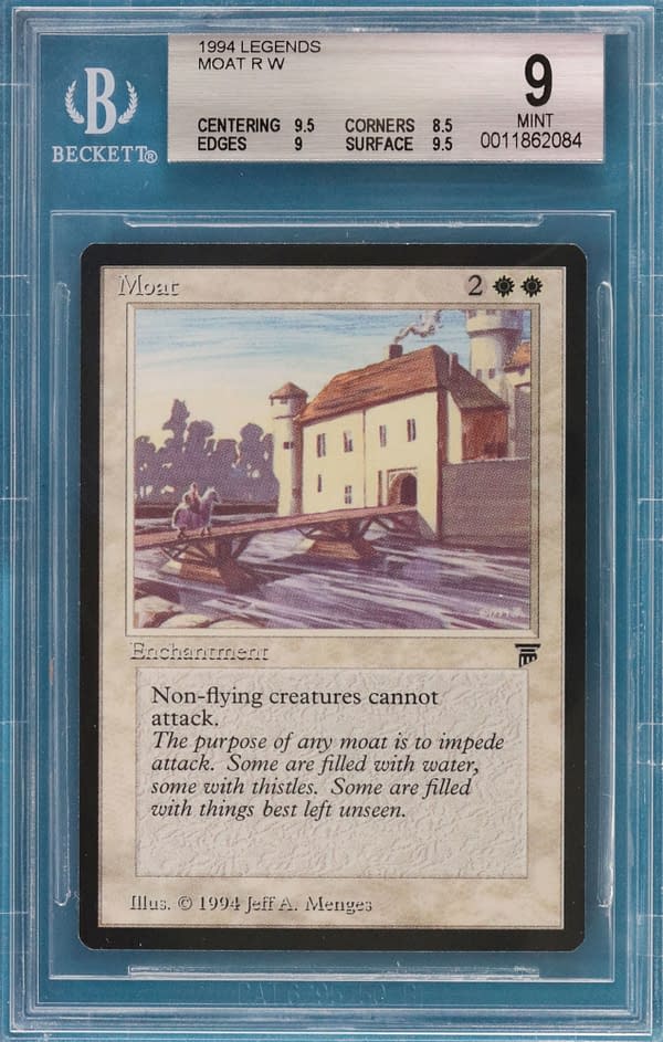 A Moat from the Legends set for Magic: The Gathering, graded by Beckett Grading Services at a 9 out of 10, a Mint condition graded card.
