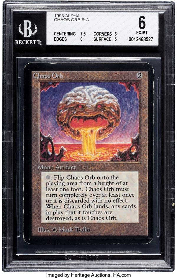 The front face of Chaos Orb, a card from Magic: The Gathering's Alpha set, the first set of the game. Currently available at auction on Heritage Auctions' website.