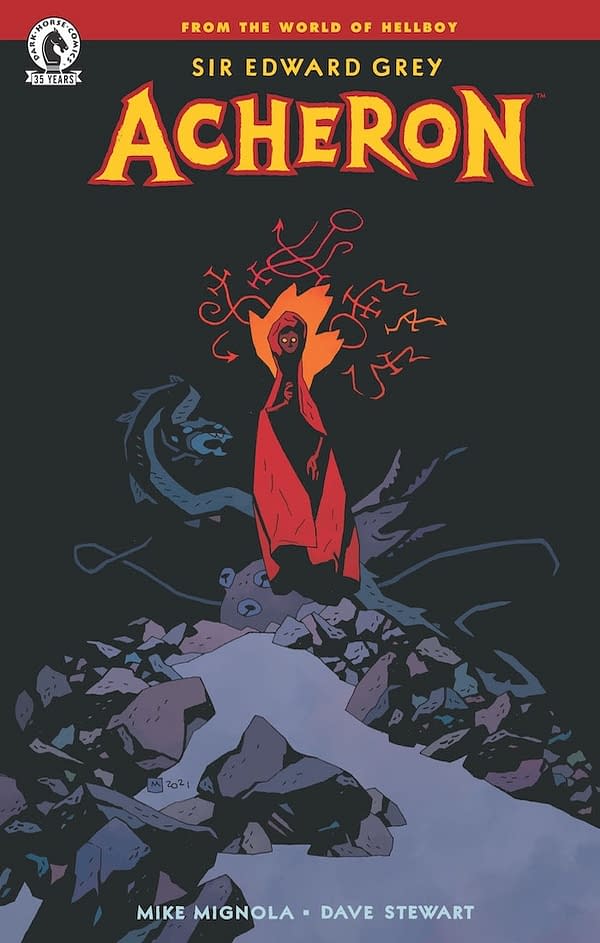 The cover to Sir Edward Grey: Acheron, the first full-length comic drawn by Mike Mignola in five years.