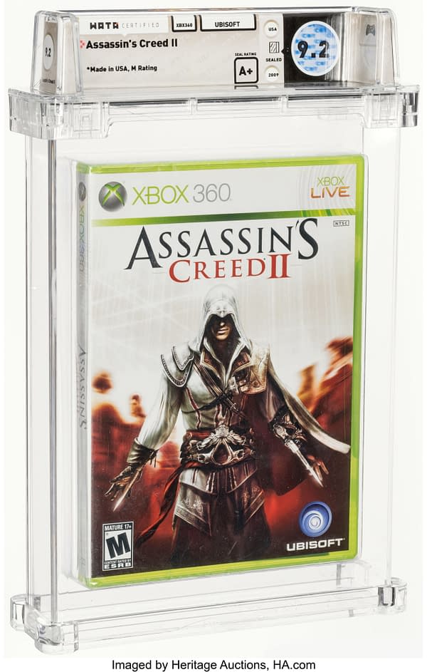 The front face of the sealed case for Assassin's Creed II, a game for the Xbox 360 console. Currently available at auction on Heritage Auctions' website.
