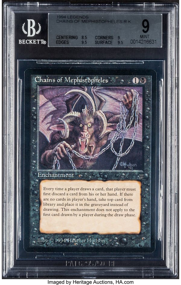 The front face of the graded copy of Chains of Mephistopheles, a card from Legends, an older expansion set for Magic: The Gathering. Currently available at auction on Heritage Auctions' website.