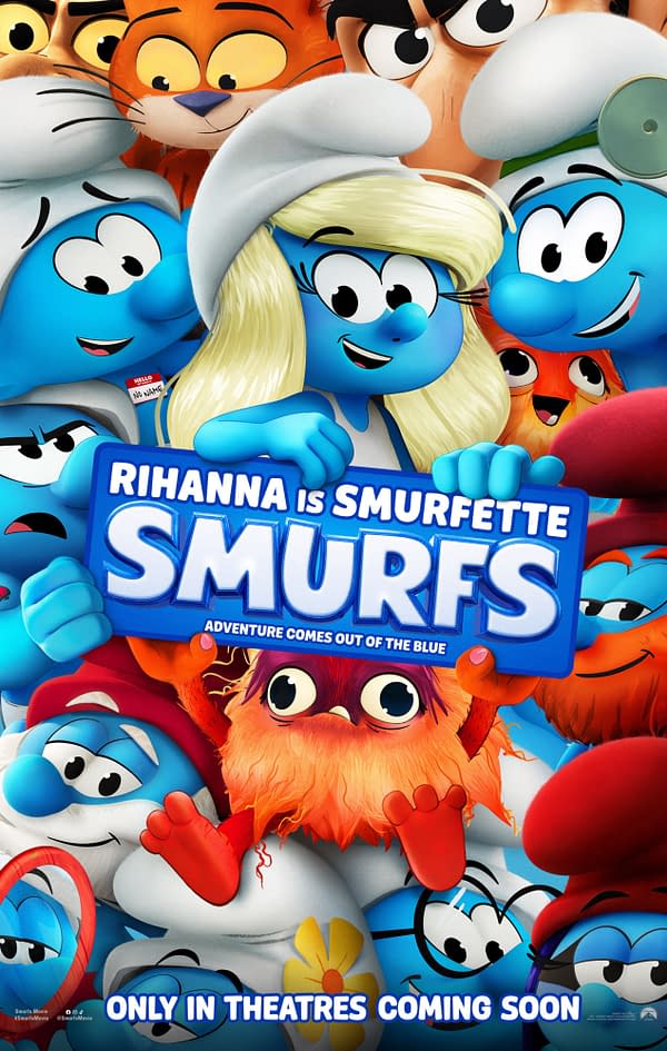 A colorful cartoon poster featuring various Smurfs, including Smurfette, highlighted by the text "Rihanna is Smurfette". The tagline "Adventure Comes Out of the Blue" is prominently displayed, along with a note stating the movie will be in theaters soon.
