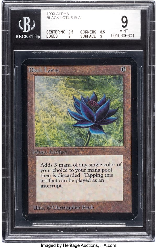The front face of the 9-grade Black Lotus from Magic: The Gathering's Limited Edition Alpha set. Currently available at auction on Heritage Auctions' website.