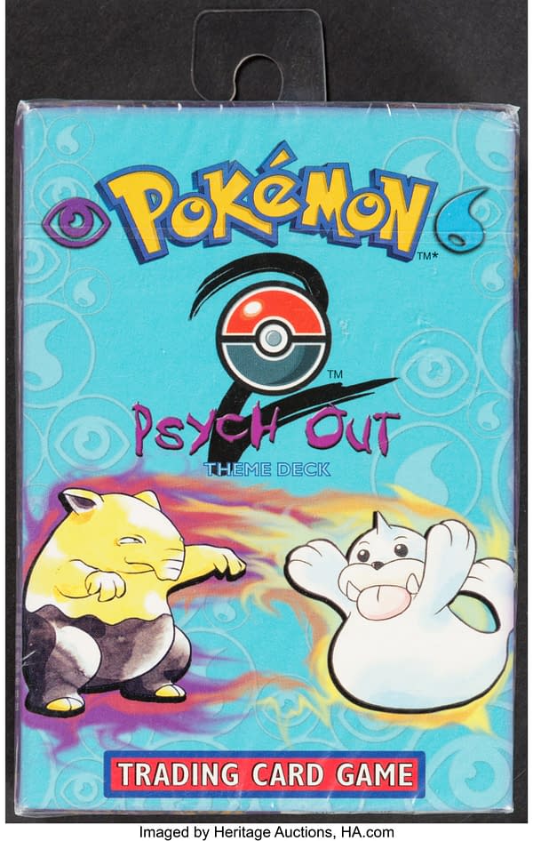 The front face of the sealed copy of the Psych Out theme deck from the Pokémon TCG. Currently available at auction on Heritage Auctions' website.