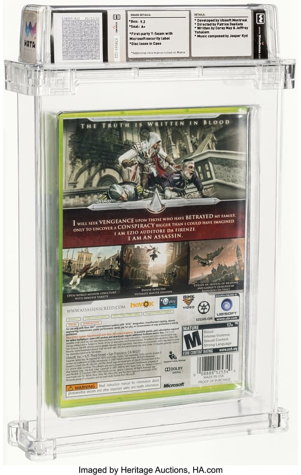 The back face of the sealed case for Assassin's Creed II, a game for the Xbox 360 console. Currently available at auction on Heritage Auctions' website.