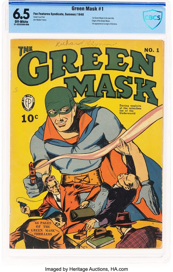 Green Mask #1 (Fox Features Syndicate, 1940). A colorful comic book cover from 1940 featuring the character Green Mask, illustrated with a vibrant yellow background. The superhero, wearing a green mask and cape, appears dynamic and action-oriented, with various characters around him engaged in a tense scene.
