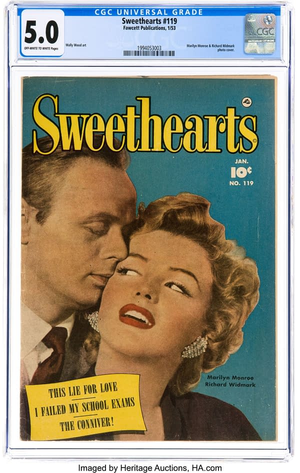 Marilyn Monroe and Richard Widmark on Sweethearts #119 (Fawcett, 1952).
