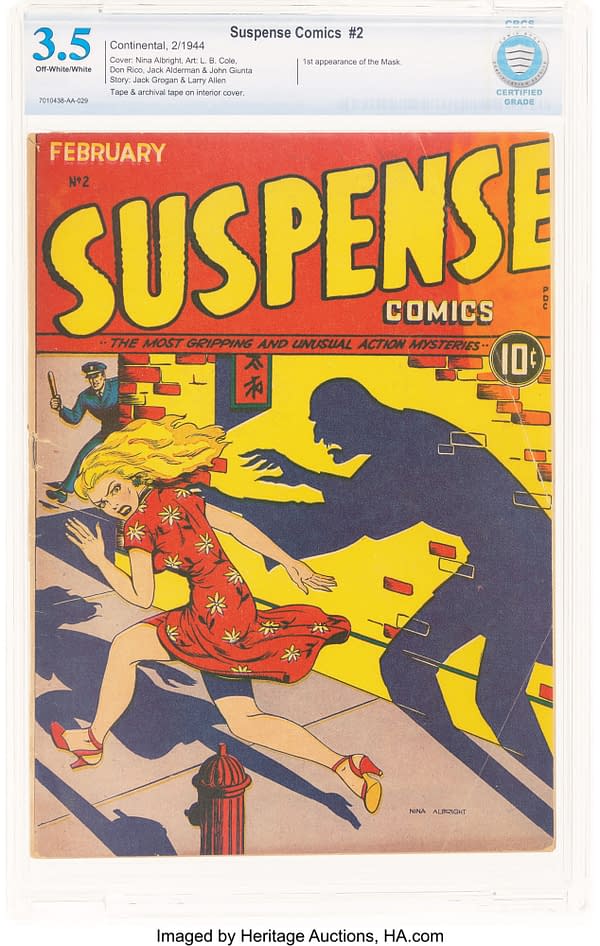 The cover of Suspense Comics #2 features a blonde woman in a red dress, running from a shadowy figure, suggesting a thrilling chase. The comic is highlighted with bold colors, prominently displaying the title and featuring elements of detective mystery.