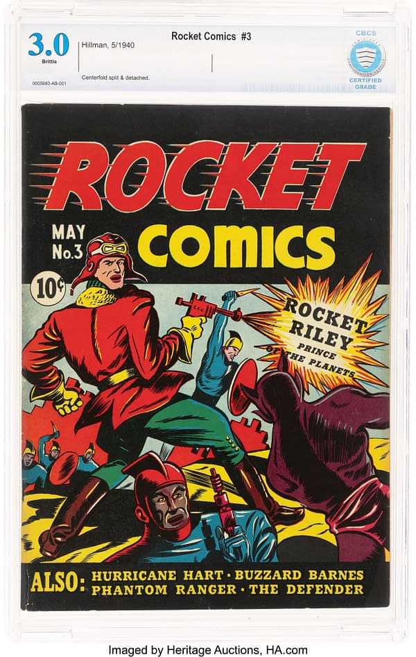 Cover of Rocket Comics #3 from May 1940, featuring vibrant comic art showcasing Rocket Riley and various heroes in action, with bold red and yellow lettering and a retro style.