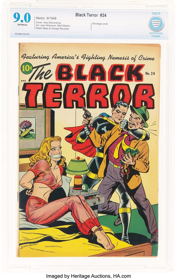 Vintage comic book cover of 'The Black Terror' #24 featuring a dramatic scene where a superhero in a black and yellow costume subdues a villain holding a woman captive. The woman appears distressed, and the scene includes a lamp and decorative elements in the room.