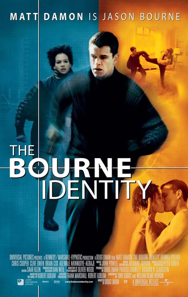The poster for 'The Bourne Identity' features Matt Damon as Jason Bourne, set against a dynamic color background. Key scenes illustrate action and romance, highlighting the film's themes of adventure and identity.