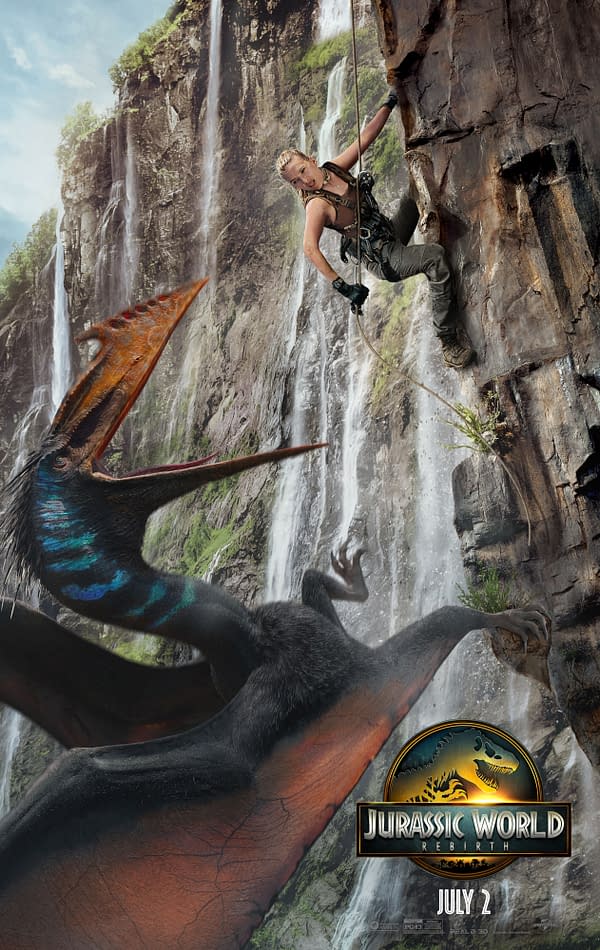 A promotional illustration for 'Jurassic World Rebirth' features a climber scaling a tall cliff with cascading waterfalls in the background, while a large dinosaur-like creature appears to swoop down nearby. The image includes the movie's title and release date, emphasizing the adventurous and thrilling aspects of the film.