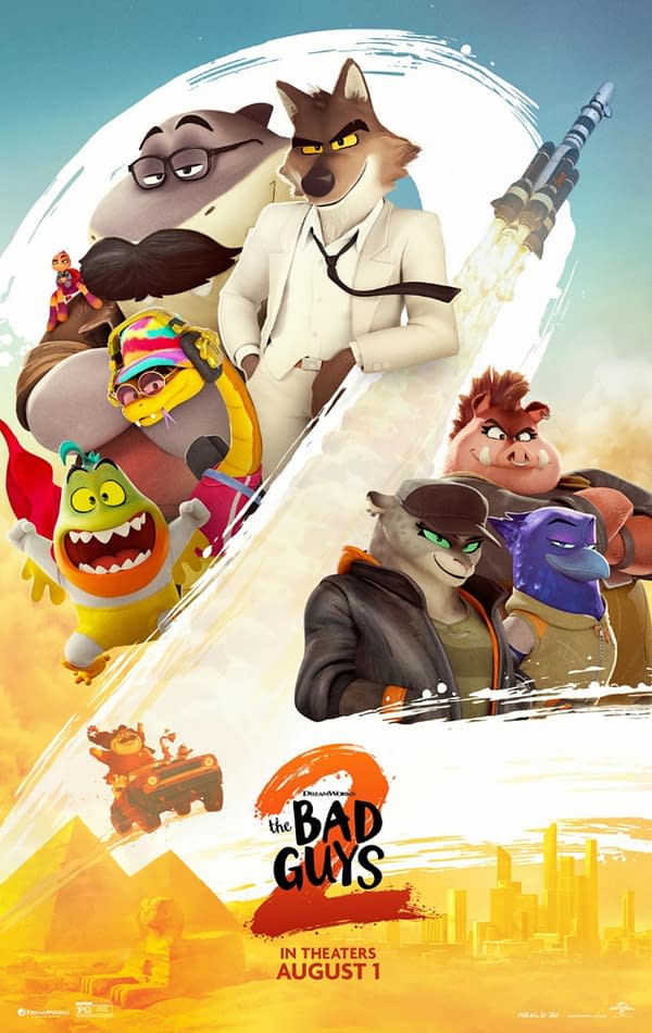 An illustration of animated characters from 'The Bad Guys 2,' featuring diverse animal characters in dynamic poses. The background includes a rocket, pyramids, and a vibrant cityscape, emphasizing action and adventure.