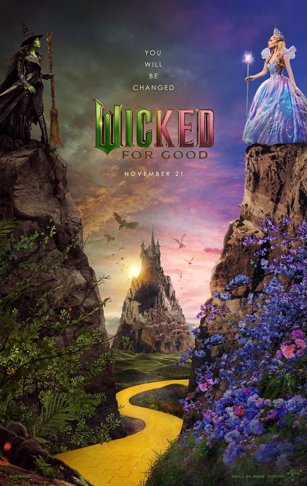A vibrant illustration for the film 'Wicked: For Good,' featuring the Wicked Witch on the left and Glinda the Good Witch on the right, standing atop rocky cliffs. The scene includes a winding yellow brick road leading to a mystical castle under a colorful sky.