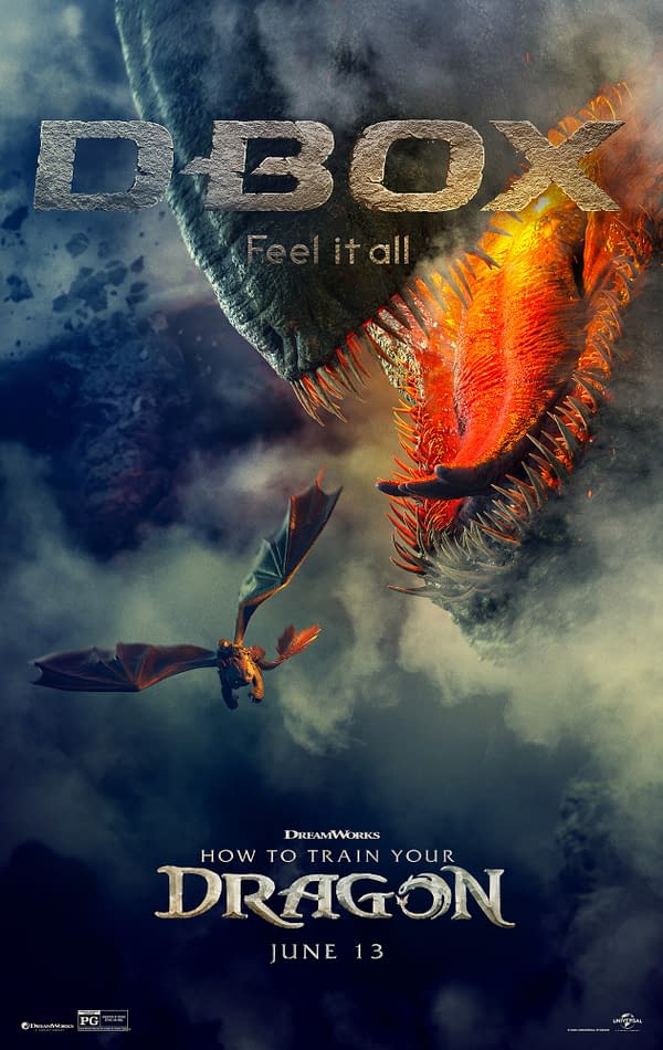 A dramatic cartoon poster for 'How to Train Your Dragon' features a fierce dragon with glowing orange energy and sharp teeth, while a smaller dragon is seen flying nearby. The text 'D-BOX' and 'Feel it all' are prominently displayed at the top, along with the release date 'June 13' at the bottom.