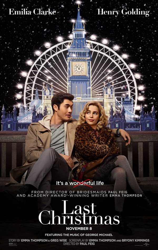 A promotional poster for the film "Last Christmas," featuring Emilia Clarke and Henry Golding sitting on a bench with a festive London backdrop, including a large illuminated Big Ben and a Ferris wheel, with snowflakes falling. The release date is noted as November 8.