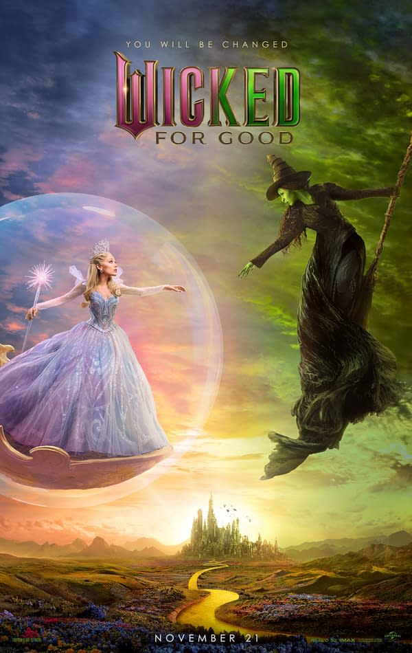 Promotional poster for "Wicked: For Good" featuring a magical scene where a fairy-like character in a light blue gown reaches towards a dark, witch-like figure flying on a broomstick, set against a colorful landscape with a winding path leading to a distant castle.