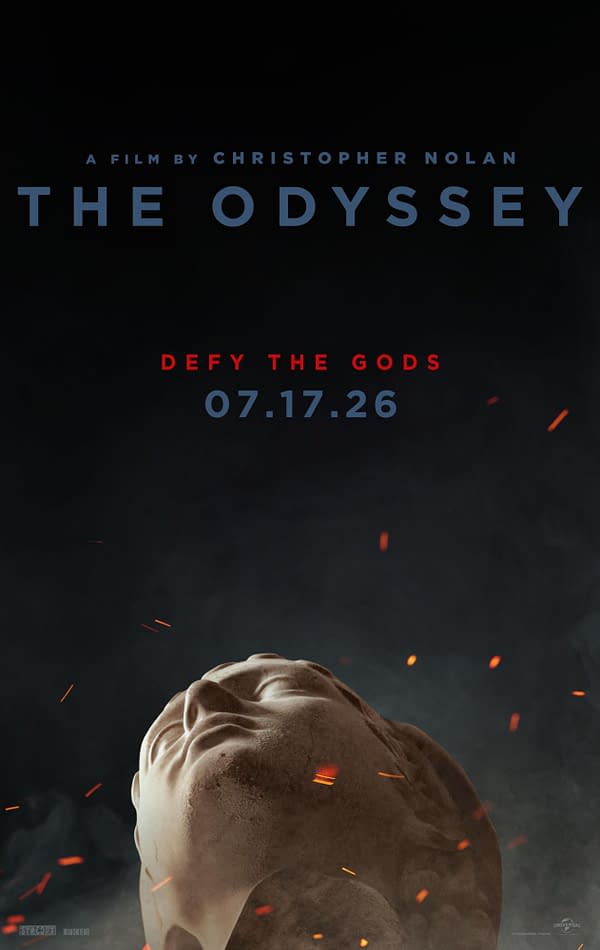 A promotional poster for the film "The Odyssey" by Christopher Nolan, featuring a close-up of a marble sculpture's face against a dark background, with fiery sparks and the text "DEFY THE GODS" and release date "07.17.26."