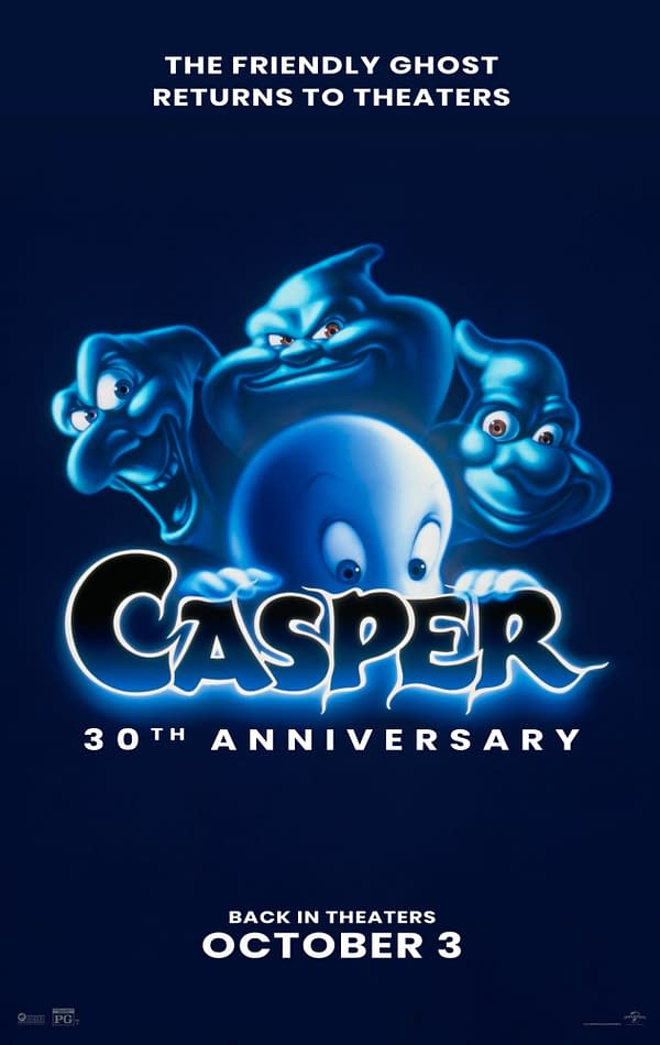 A promotional poster for the 30th anniversary of 'Casper', featuring the friendly ghost Casper and three other ghost characters, set against a dark blue background. The text announces the film's return to theaters on October 3.