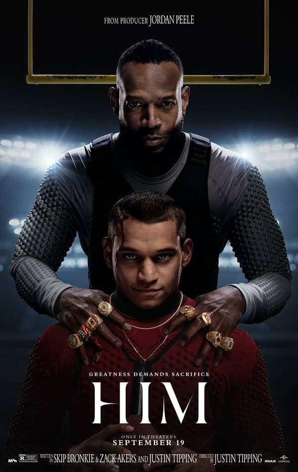 A promotional poster for the film 'HIM' features a tense scene between two male characters, one in a red suit and the other in protective gear, with a sports background. The poster hints at dark themes with the tagline 'Greatness Demands Sacrifice'.