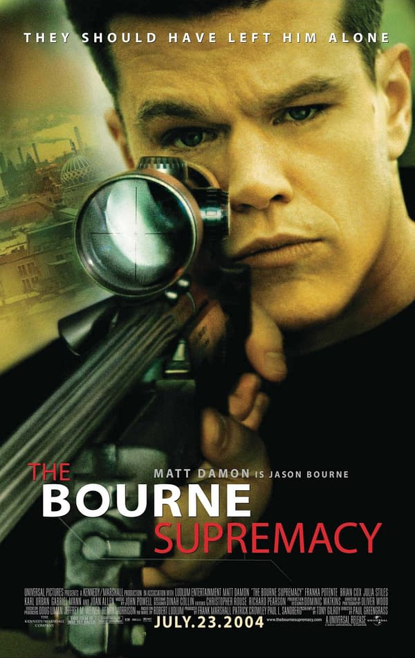A movie poster for 'The Bourne Supremacy' featuring Matt Damon holding a sniper rifle with a blurred cityscape in the background. The tagline reads, 'They should have left him alone,' and the release date is noted as July 23, 2004.