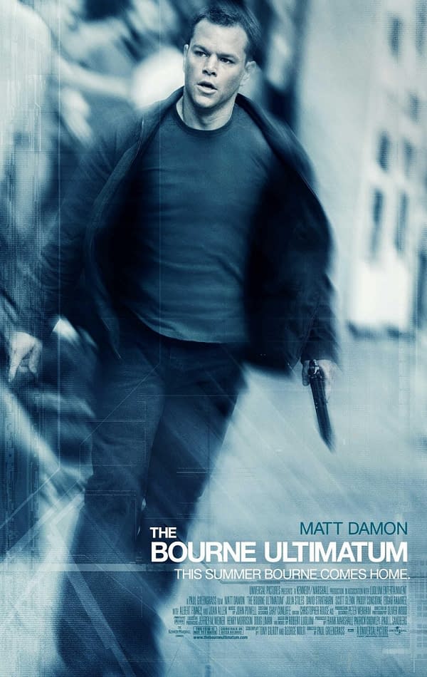 A dramatic movie poster for 'The Bourne Ultimatum' featuring Matt Damon, who appears to be running with a gun in hand, set against a blurred urban background. The poster conveys a sense of urgency and action.