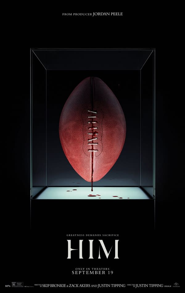 The promotional poster for the film 'HIM,' featuring a stylized football encased in glass, dripping with blood, set against a dark background. The text includes 'Greatness Demands Sacrifice' and release information for September 19.