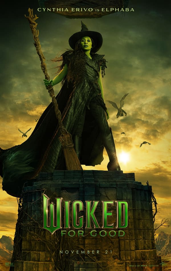A promotional illustration for "Wicked: For Good" featuring Cynthia Erivo as Elphaba, depicted in a dramatic pose on a stone platform, wielding a broomstick, with a stormy sky and flying creatures in the background.