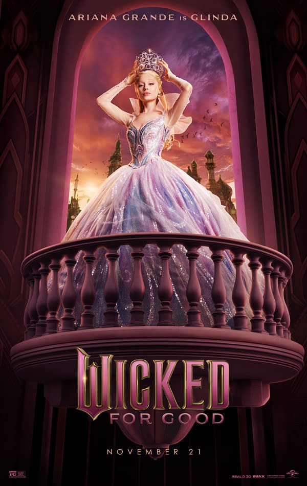 A vibrant character poster featuring Glinda, portrayed by Ariana Grande, standing on a balcony in a stunning pastel gown with a crown. The background depicts an enchanting skyline with a warm sunset, promoting the movie 'Wicked: For Good' set for release on November 21.