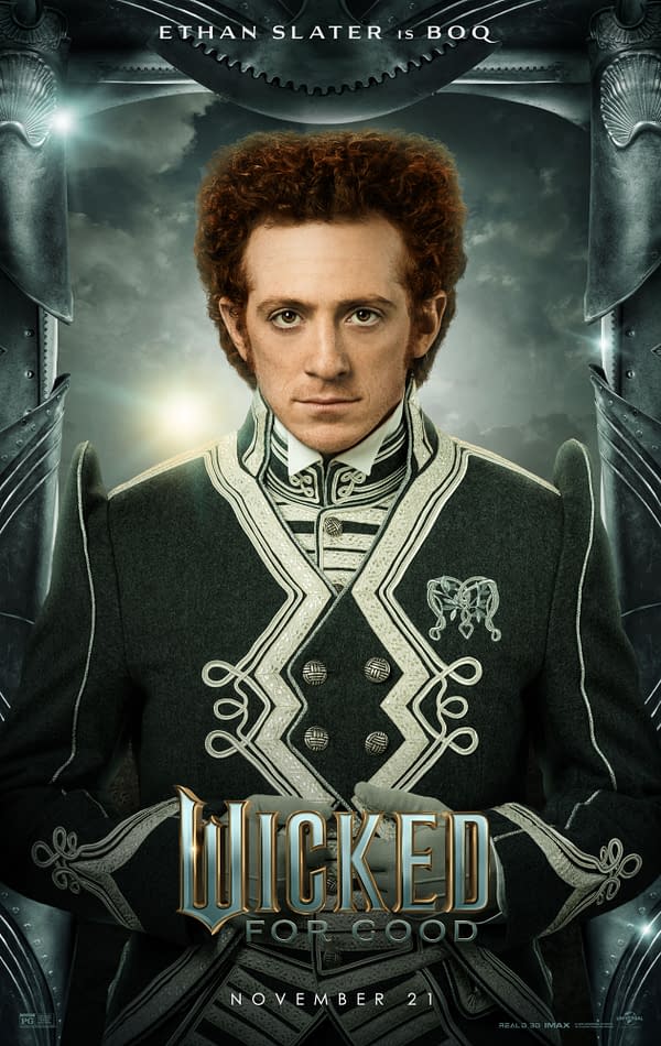 This promotional illustration features Ethan Slater as Boq from the musical 'Wicked'. He is dressed in an elaborate green military-style costume with silver detailing, standing against a dramatic background.
