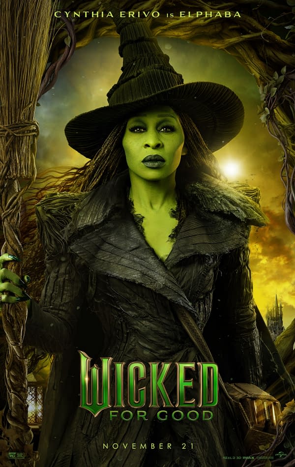A promotional illustration for the film "Wicked For Good" features Cynthia Erivo as Elphaba, the iconic green-skinned witch, wearing a tall black hat and a dark, textured cloak, holding a broomstick. The background depicts a mystical landscape with glowing elements and hinting at a magical theme.