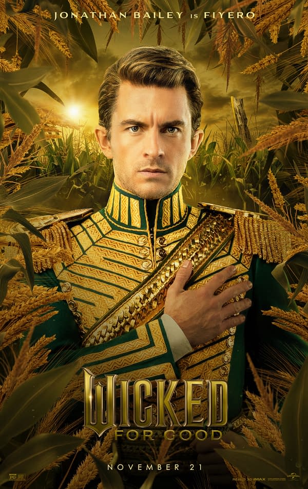 A promotional illustration featuring Jonathan Bailey as Fiyero from the musical "Wicked." He wears an ornate green and gold uniform, with a dramatic expression, set against a backdrop of golden fields and a glowing sunset, emphasizing themes of fantasy and spectacle.