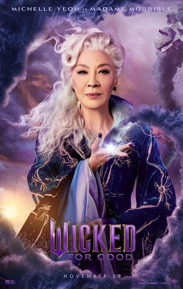 An illustration featuring Michelle Yeoh as Madame Morrible from the musical "Wicked." She has long, wavy white hair and is wearing an ornate blue robe, with an ethereal, magical aura surrounding her as she holds a glowing orb, set against a dramatic purple and cloud-filled background.