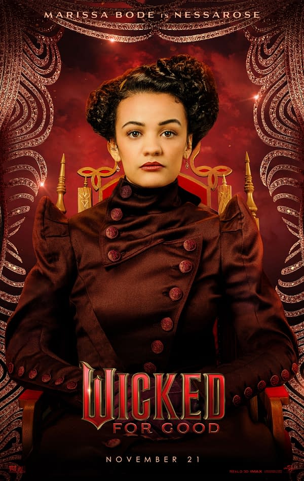 A promotional illustration for the musical "Wicked for Good," featuring Marissa Bode as Nessarose. She is portrayed in a regal, dark brown outfit with a high collar and decorative buttons, sitting on an ornate chair against a vibrant red background.