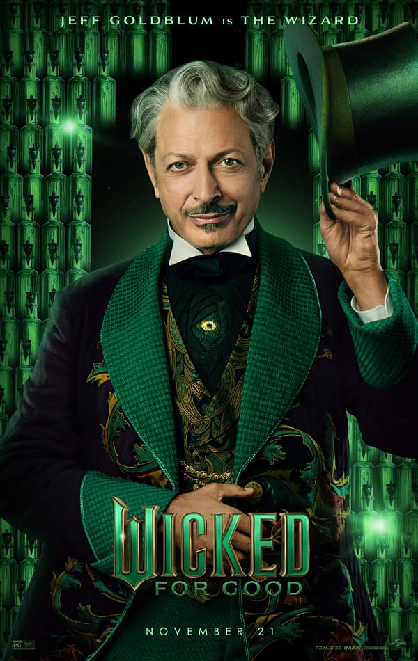 A promotional illustration featuring a man with gray hair and a mustache, dressed in an ornate green suit with elaborate patterns. He holds a top hat and stands against a green backdrop, promoting 'Wicked for Good,' with the tagline 'Jeff Goldblum is The Wizard.'