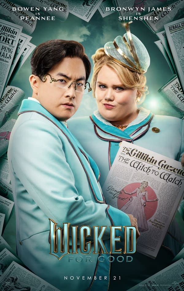 A promotional illustration for 'Wicked for Good' featuring actors Bowen Yang as Pfannee and Bronwyn James as Shenshen, both dressed in vintage-style turquoise outfits. They stand confidently against a backdrop of scattered newspaper headlines, holding a magazine titled 'The Gillikin Gazette'.