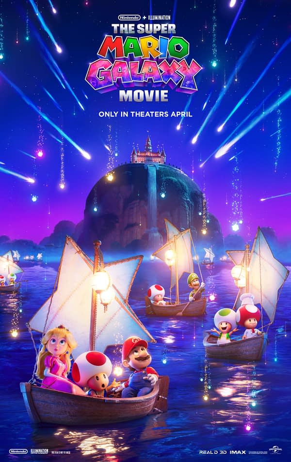 A colorful illustration featuring characters from the Super Mario franchise sailing in small boats on a shimmering body of water. The background showcases a whimsical castle on a hillside under a starry night sky filled with shooting stars and colorful light effects.